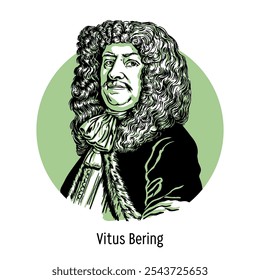 Vitus Bering era un navegante ruso, oficial de la Armada Rusa, capitán-comandante. Era de ascendencia danesa. Ilustración vectorial dibujada a mano