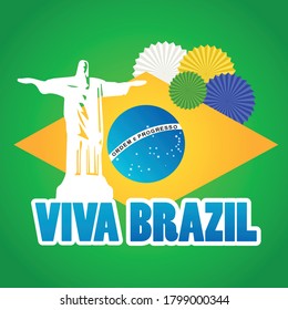 Viva Brazil flag style illustration for Independence day celebration with rio de janeiro silhouette.