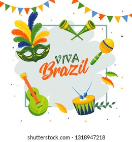 Viva Brazil template or poster design with music instruments illustration on white background.