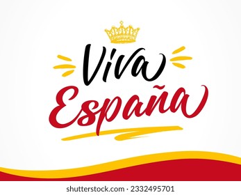 Viva Espana lettering and wavy flag. Spanish text - Long Live Spain. Greeting card for National Day or t-shirt design. Vector illustration