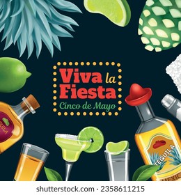 Viva fiesta black background decorated with realistic frame consisting of bottles and wineglasses with tequila drinks vector illustration