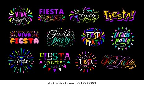 Viva fiesta party lettering. Holiday Celebration emblem in Mexican, Latin, and Spanish traditions. Ornamental event badges vector set. Carnival, festival announcement with confetti and salute