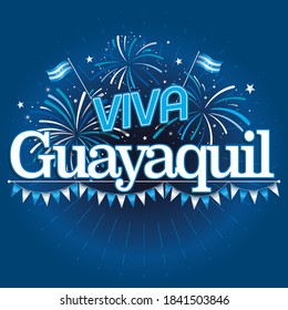 VIVA GUAYAQUIL - LIVE GUAYAQUIL in Spanish language - White text with fireworks in blue and white and pennants below the word on dark blue background. Vector image