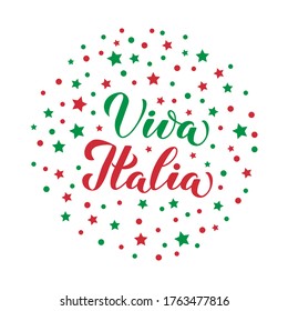 Viva Italia calligraphy hand lettering with red green stars and dots. Long Live Italy in Italian. Vector template for typography poster, banner, flyer, sticker, t-shirt, postcard, logo design, etc.