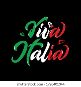 Viva Italia text in Italian language translated Long Live Italy. Italian republic day hand drawn vector illustration. Modern brush ink calligraphy in color of Italian national flag. Hand lettering