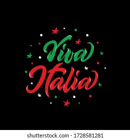 Viva Italia text in Italian translated Long Live Italy. Italian republic day hand drawn vector illustration. Modern brush ink calligraphy and stars in color of Italian national flag. Hand lettering