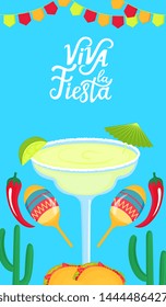Viva la Fiesta hand drawn lettering. Festive mexican banner. Margarita with lime, maracas, cactus and chili pepper.