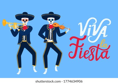 Viva la Fiesta hand drawn lettering. Cartoon dead mariachi play musical instruments. Sugar skull vector illustration. Independence Day of Mexico