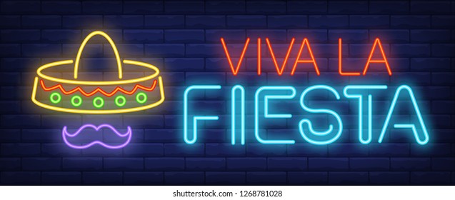Viva la fiesta neon text with festive sombrero and moustache. Mexican culture and celebration design. Night bright neon sign, colorful billboard, light banner. Vector illustration in neon style.