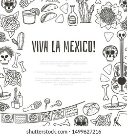 Viva la Mexico! Hand drawn doodle style mexican symbols frame for book cover or magazine page with taco, nachos, tequila, margarita, guitar and maracas. Stock vector
