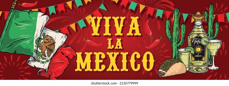 Viva la Mexico horizontal vintage banner with waving national flag with eagle symbol, tall cactus, tequila drinks, street taco, bright yellow inscription on red background, vector illustration