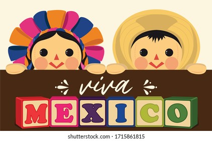 Viva México (Long Live Mexico in English) Mexican Traditional RagDolls From Michoacán, Querétaro and México City; México – Vector Illustration – Copy Space