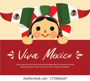 Viva México (Long Live Mexico in English) Patriotic Mexican Traditional RagDoll – Vector Illustration – Copy Space