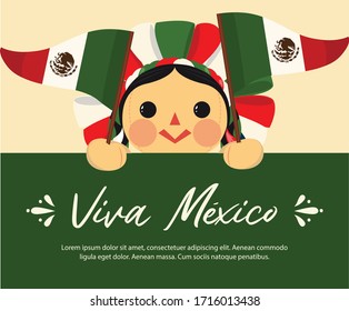 Viva México (Long Live Mexico in Spanish) Patriotic Mexican Traditional RagDoll – Vector Illustration – Copy Space