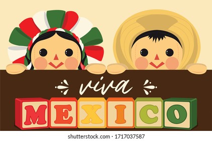 Viva México (Long Live Mexico in Spanish) Patriotic Mexican Traditional RagDolls – Vector Illustration – Copy Space