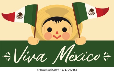 Viva México (Long Live Mexico in Spanish) Patriotic Mexican Traditional Male RagDoll – Vector Illustration – Copy Space