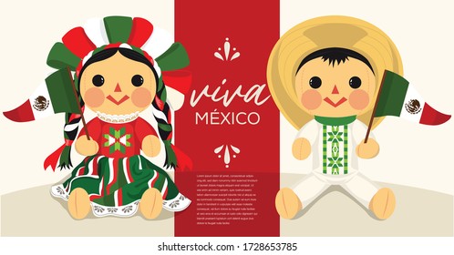 Viva México (Long Live Mexico in Spanish) Mexican Traditional RagDolls From Michoacán, Querétaro and México City; México – Vector Illustration – Copy Space