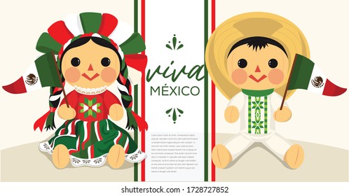 Viva México (Long Live Mexico in Spanish) Mexican Traditional Rag Dolls From Michoacán, Querétaro and México City. Mexico Vector Illustration – Copy Space