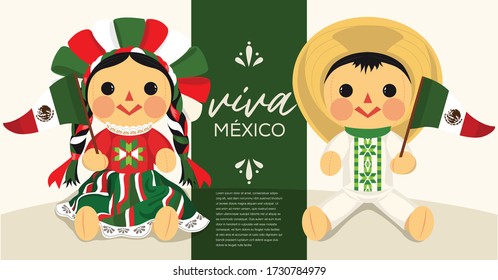 Viva México (Long Live Mexico in Spanish) Mexican Traditional RagDolls From Michoacán, Querétaro and México City; México – Vector Illustration – Copy Space