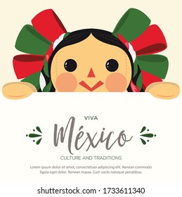 Viva México (Long Live Mexico in Spanish) Patriotic Mexican Traditional Ragdoll – Vector Illustration – Copy Space