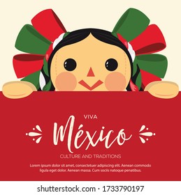 Viva México (Long Live Mexico in Spanish) Patriotic Mexican Traditional Ragdoll – Vector Illustration – Copy Space