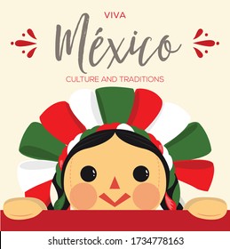 Viva México (Lange lebe Mexiko auf Spanisch) Mexikanische Patriotische Ragdoll aus Michoacán, Querétaro und Mexiko-Stadt; México - Vector Illustration - Copy Space