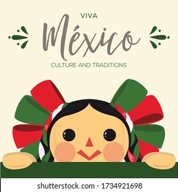 Viva México (Long Live Mexico in Spanish) Mexican Patriotic Ragdoll From Michoacán, Querétaro and México City; México – Vector Illustration – Copy Space