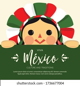 Viva México Ragdoll Patriótica mexicana de Michoacán, Querétaro y Ciudad de México; México - Ilustración vectorial - Espacio de copia