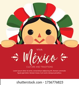 Viva México (Long Live Mexico in Spanish) Mexican Patriotic Ragdoll From Michoacán, Querétaro and México City; México – Vector Illustration – Copy Space