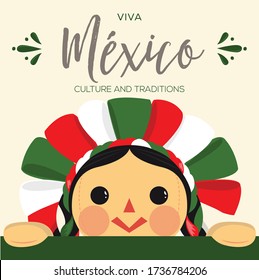 Viva México (Long Live Mexico in Spanish) Mexican Patriotic Ragdoll From Michoacán, Querétaro and México City; México. Vector Illustration, Copy Space.