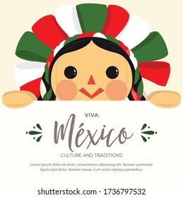 Viva México (Lange lebe Mexiko auf Spanisch) Mexikanische Patriotische Ragdoll aus Michoacán, Querétaro und Mexiko-Stadt; Mexiko. Vector Illustration. Speicherplatz kopieren