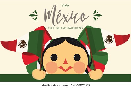 Viva México (Long Live Mexico in Spanish) Mexican Patriotic Ragdoll From Michoacán, Querétaro and México City; México – Vector Illustration – Copy Space