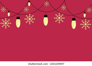Viva magenta christmas background with garland with beautiful snowflakes and lamps and copy space. New year banner template with place for text.