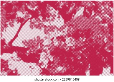 Viva magenta color of the year 2023 blossoming tree brunch with white flowers on shadow on viva magenta background. Summer concept. Trend viva magenta vector halftone dots 
 background