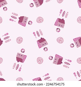 Viva magenta cottage home seamless vector pattern. Color of the year scandi house background.