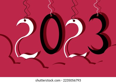 Viva magenta cut out paper template 2023 calendar cover. Big banner with 2023 numbers on the rope. New year concept. Marketing material, website, social media