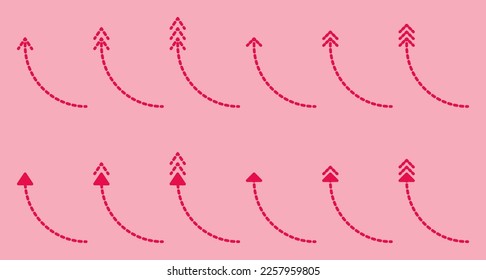 Viva Magenta Dashed Arrows Collection on Pink Background. Arrows Set Icons. Arrow Icon. Arrow Vector collection. Arrow. Cursor. Modern Simple Arrows. Vector Illustration.