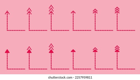 Viva Magenta Dashed Arrows Collection on Pink Background. Arrows Set Icons. Arrow Icon. Arrow Vector collection. Arrow. Cursor. Modern Simple Arrows. Vector Illustration.