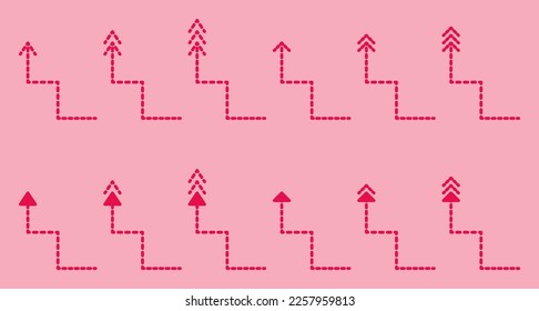 Viva Magenta gestrichene Pfeile Kollektion auf rosafarbenem Hintergrund. Pfeiltasten Symbole festlegen. Pfeilsymbol. Bogenvektorkollektion. Pfeil. Cursor. Moderne einfache Pfeile. Vektorgrafik.