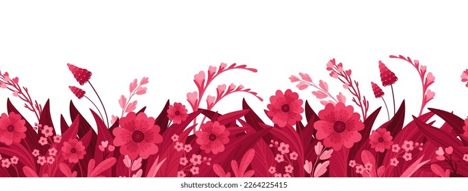 Viva Magenta! Floral Horizontal Seamless Background. Header or Cover Template, with Magenta Floral Arrangements. Blooming Flowers, Red and Pink Leaves and Hearts. 