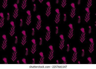 Viva magenta floral seamless pattern. Endless colorful background with pink flowers on black backdrop. Wallpaper and bed linen print. Backdrop in asian style.