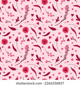 Viva Magenta! Floral Seamless Pattern. Blooming Flowers, Red and Pink Leaves and Hearts. Vector Digital Wallpaper. Scrapbook Paper on Pink Background