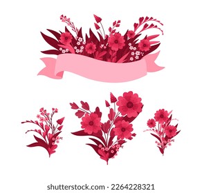 Viva Magenta! Flowers and Empty Ribbon. Blooming Red and Pink meadow wildflowers, leaves and hearts. Isolated vector clipart, illustration on white background