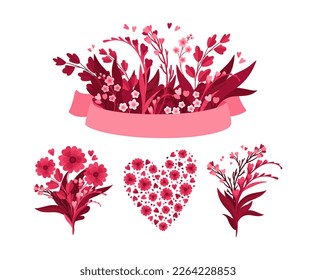 Viva Magenta! Flowers and Empty Ribbon. Blooming Red and Pink meadow wildflowers, leaves and hearts. Isolated vector clipart, illustration on white background