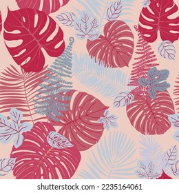 Viva Magenta pattern Tropical leaves set. Red Colored flowers and plants