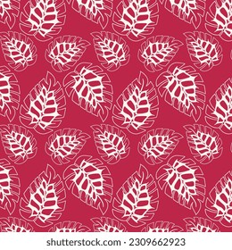Viva magenta pattern and white of monstera tropical leaves. Hand drawn doodle. Vector illustration