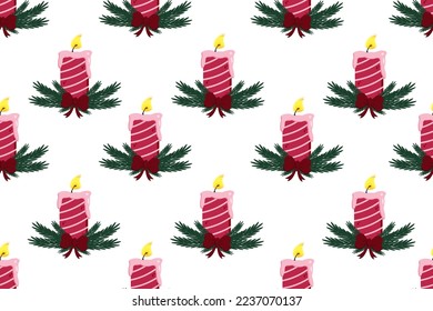 Viva magenta seamless pattern with christmas candles on white background. Candle set with pine branch and violet bow. 