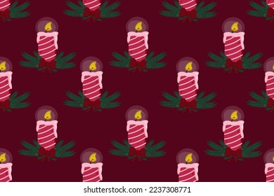 Viva magenta seamless pattern with christmas candles. Candle set with pine branch and violet bow. 