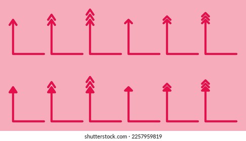 Viva Magenta Solid Arrows Collection auf rosafarbenem Hintergrund. Pfeiltasten Symbole festlegen. Pfeilsymbol. Bogenvektorkollektion. Pfeil. Cursor. Moderne einfache Pfeile. Vektorgrafik.