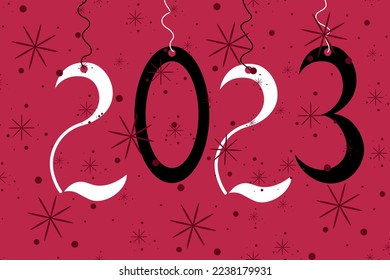 Viva magenta template 2023 calendar cover. Big banner with 2023 numbers on the rope and snowflakes. New year concept. Marketing material, website, social media